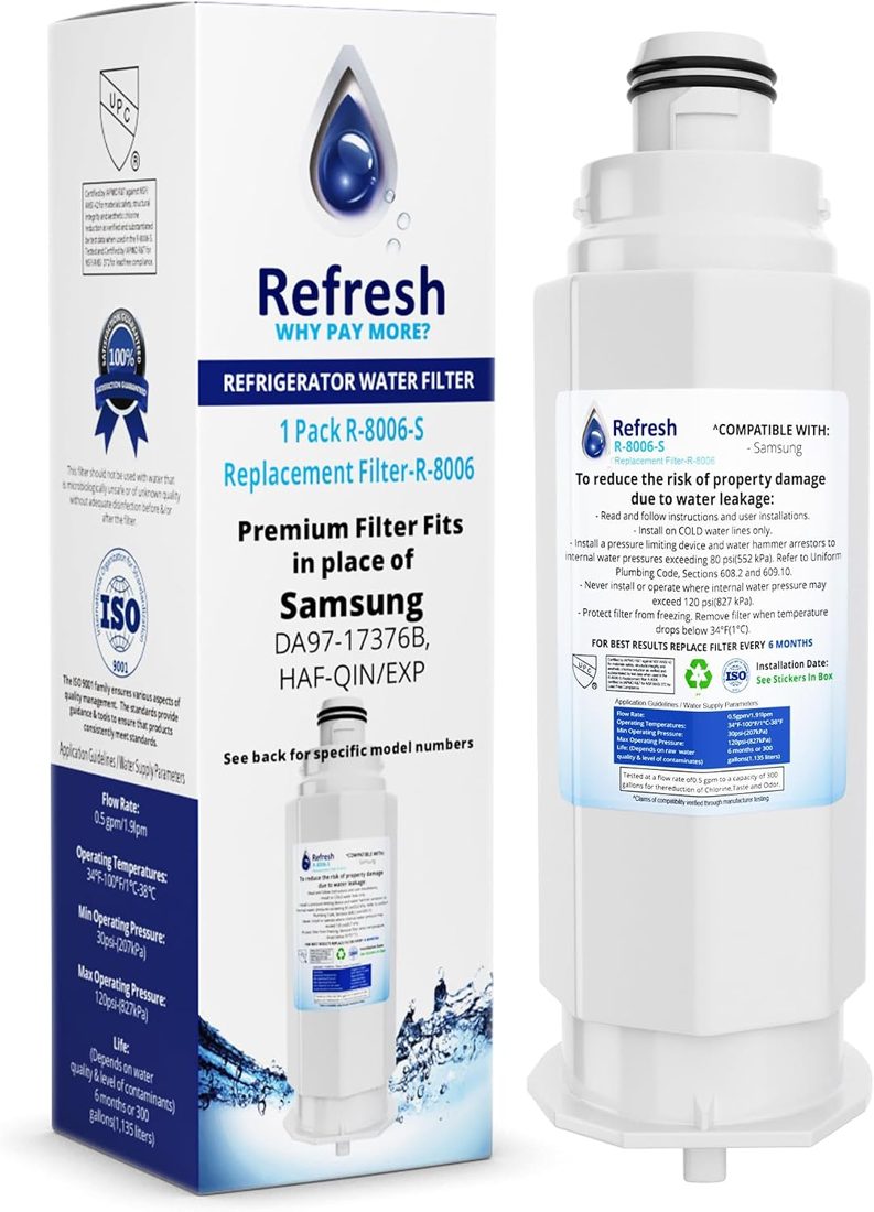 Refresh R-8006-S refrigerator water filter beside its box